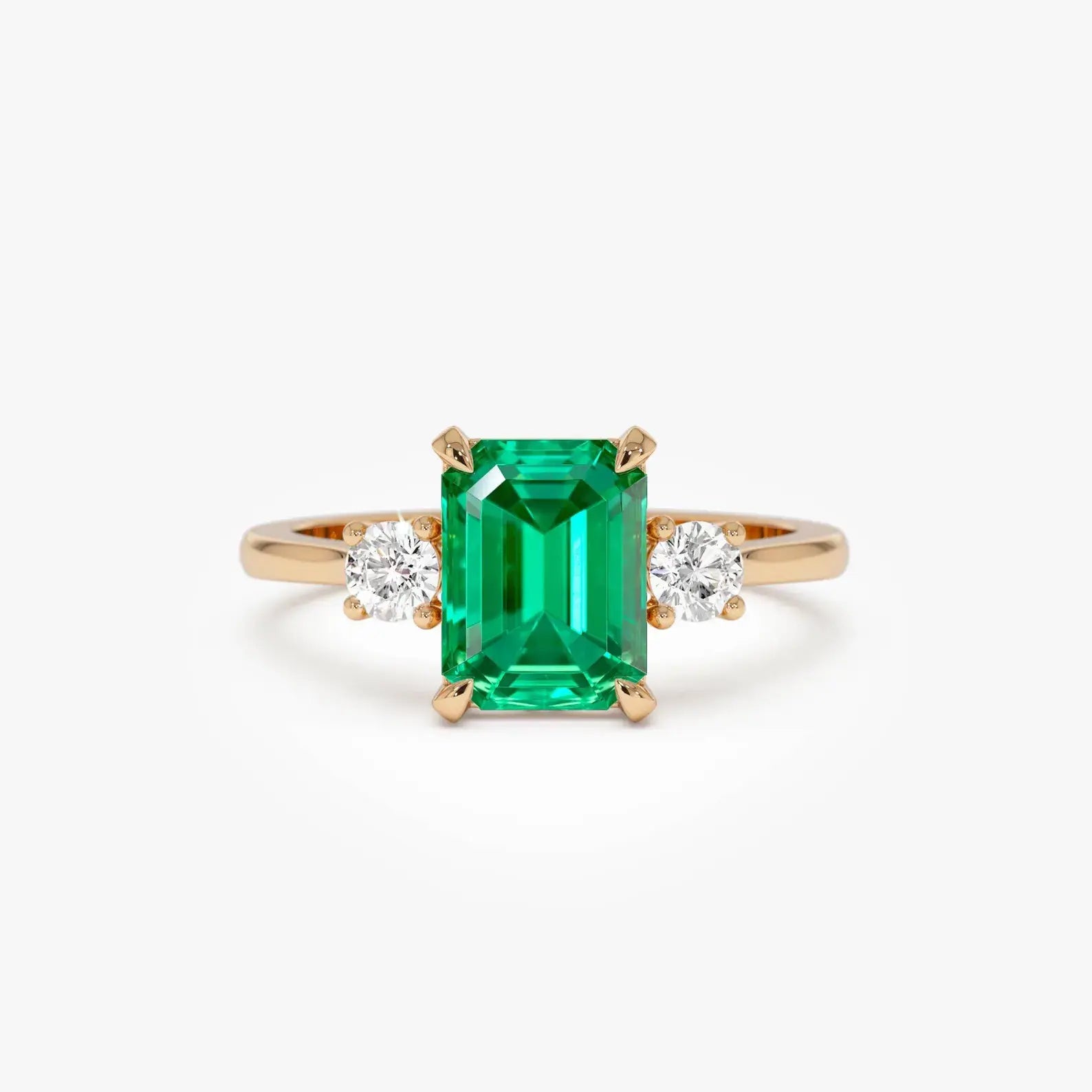 Emerald Cut Lab Grown Emerald Three Stone Engagement Ring with Round Diamond Accents – Classic Solitaire Bridal Ring