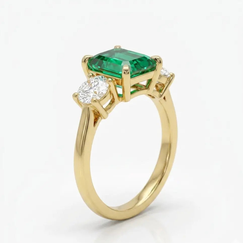 Emerald Cut Lab Grown Emerald Three Stone Engagement Ring with Round Diamond Accents – Classic Solitaire Bridal Ring