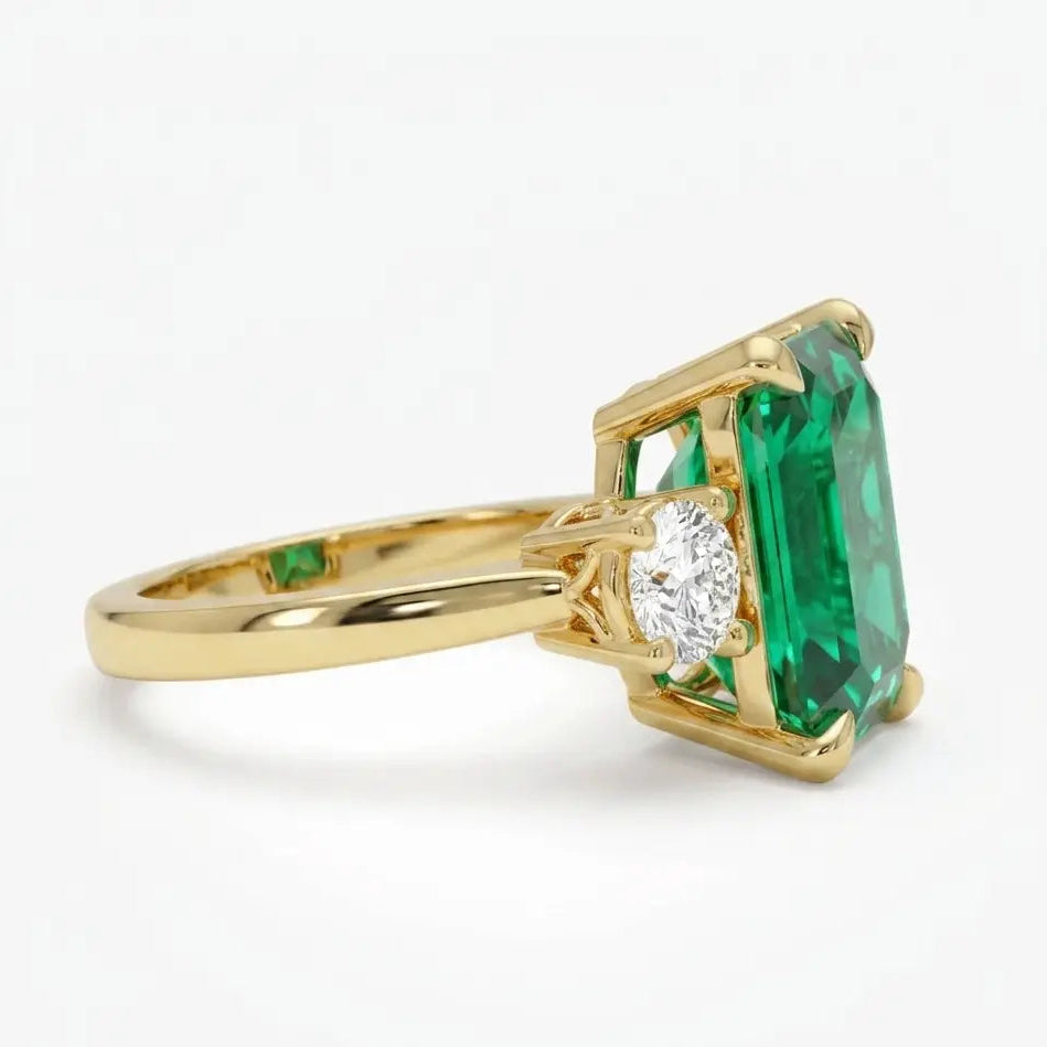 Emerald Cut Lab Grown Emerald Three Stone Engagement Ring with Round Diamond Accents – Classic Solitaire Bridal Ring