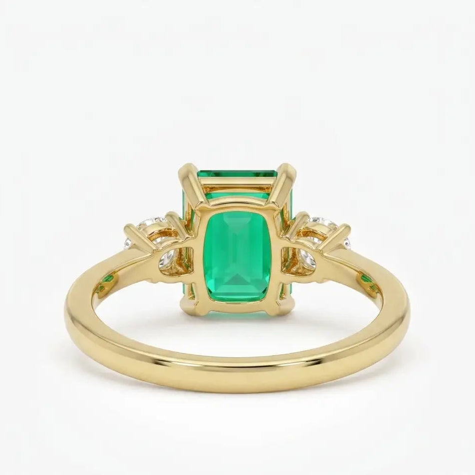 Emerald Cut Lab Grown Emerald Three Stone Engagement Ring with Round Diamond Accents – Classic Solitaire Bridal Ring