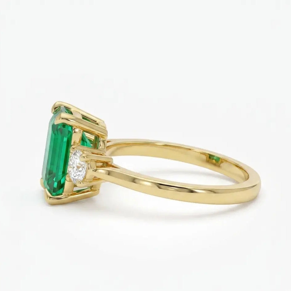 Emerald Cut Lab Grown Emerald Three Stone Engagement Ring with Round Diamond Accents – Classic Solitaire Bridal Ring