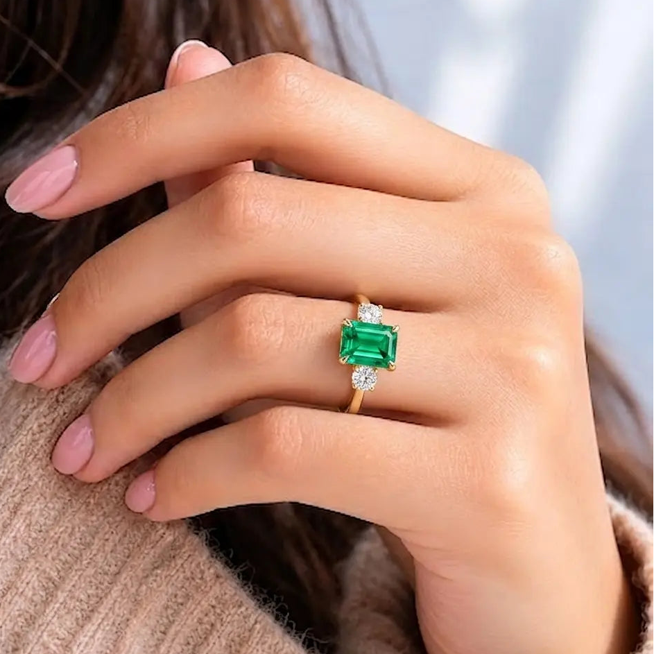 Emerald Cut Lab Grown Diamond Three Stone Engagement Ring with Round Diamond Accents – Classic Solitaire Bridal Ring