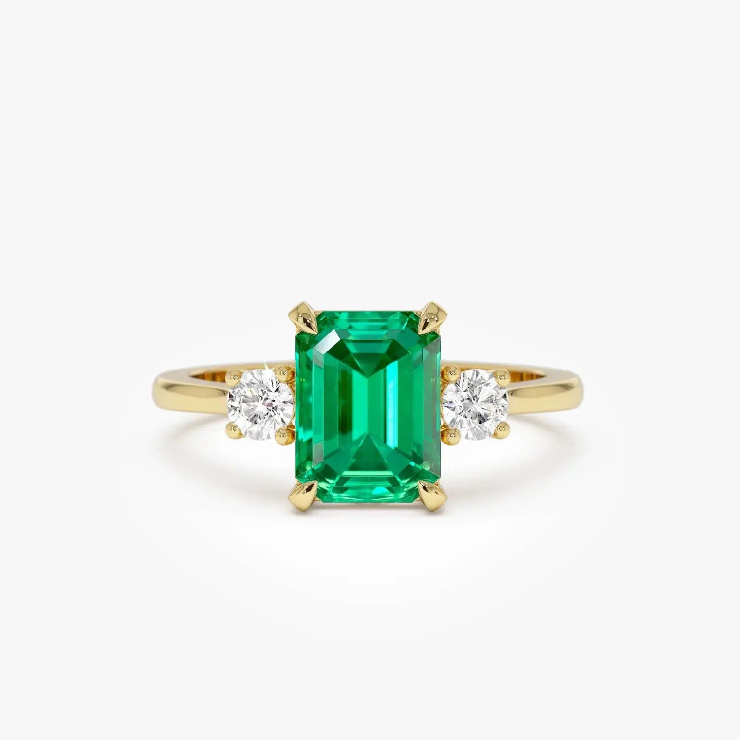 Emerald Cut Lab Grown Diamond Three Stone Engagement Ring with Round Diamond Accents – Classic Solitaire Bridal Ring