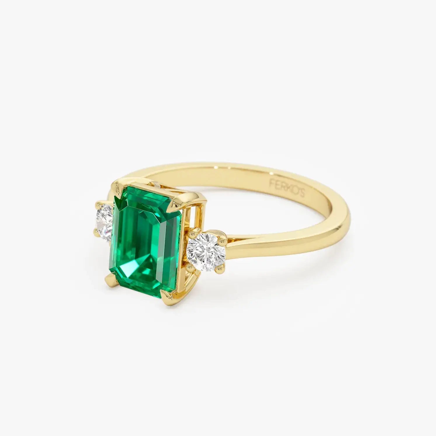 Emerald Cut Lab Grown Emerald Three Stone Engagement Ring with Round Diamond Accents – Classic Solitaire Bridal Ring