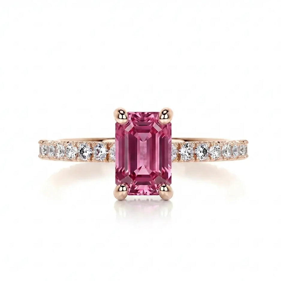 Emerald Cut Morganite Engagement Ring with Diamond Pavé Band