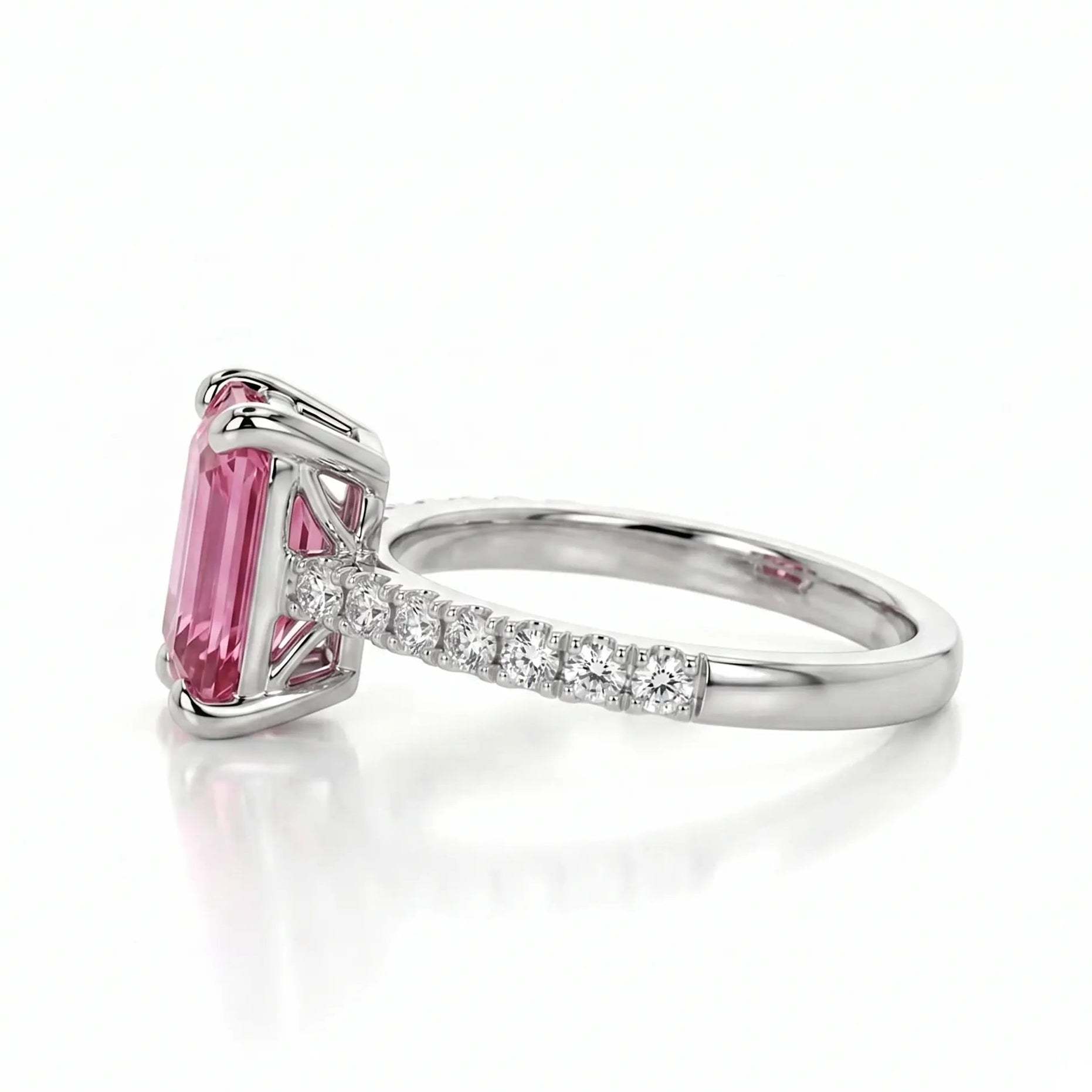 Emerald Cut Morganite Engagement Ring with Diamond Pavé Band