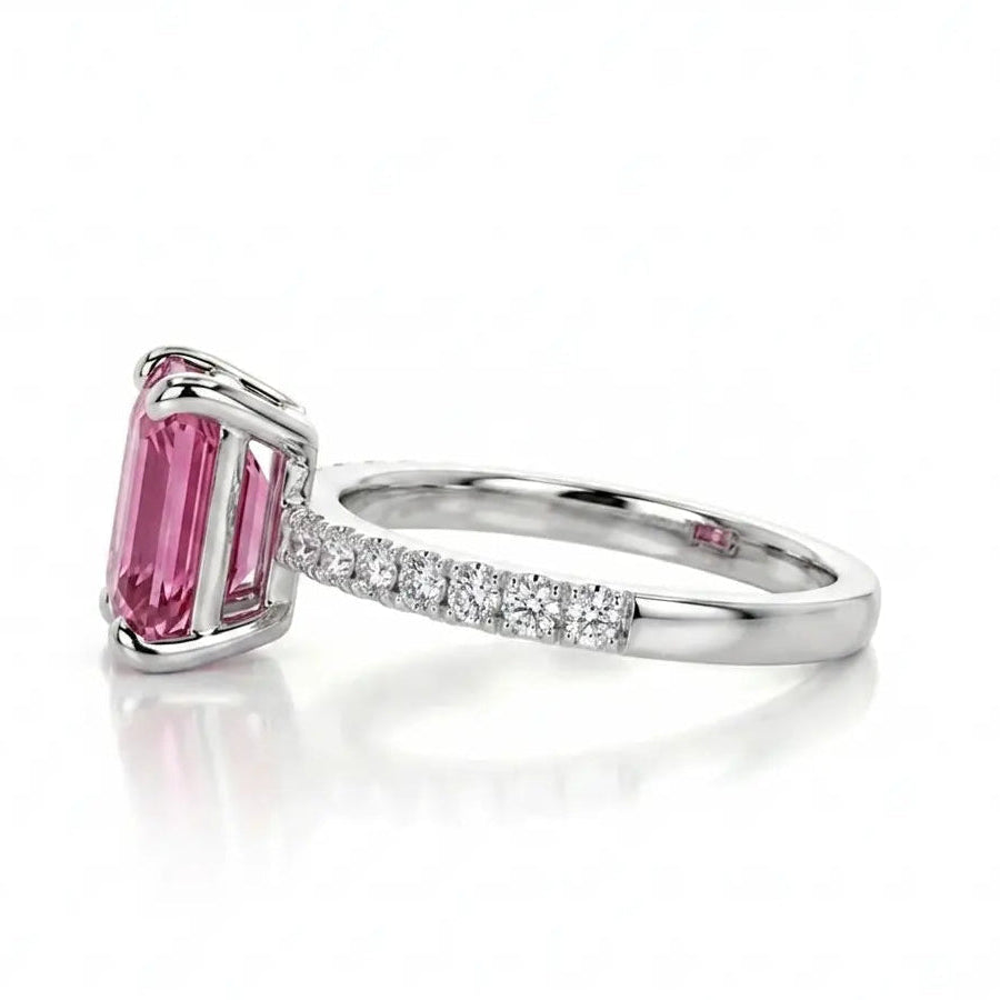 Emerald Cut Morganite Engagement Ring with Diamond Pavé Band