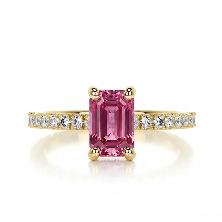 Emerald Cut Morganite Engagement Ring with Diamond Pavé Band