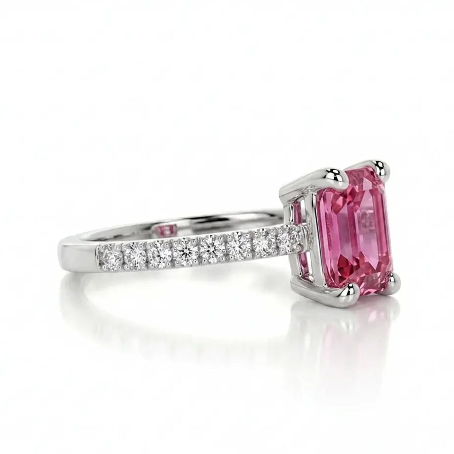 Emerald Cut Morganite Engagement Ring with Diamond Pavé Band