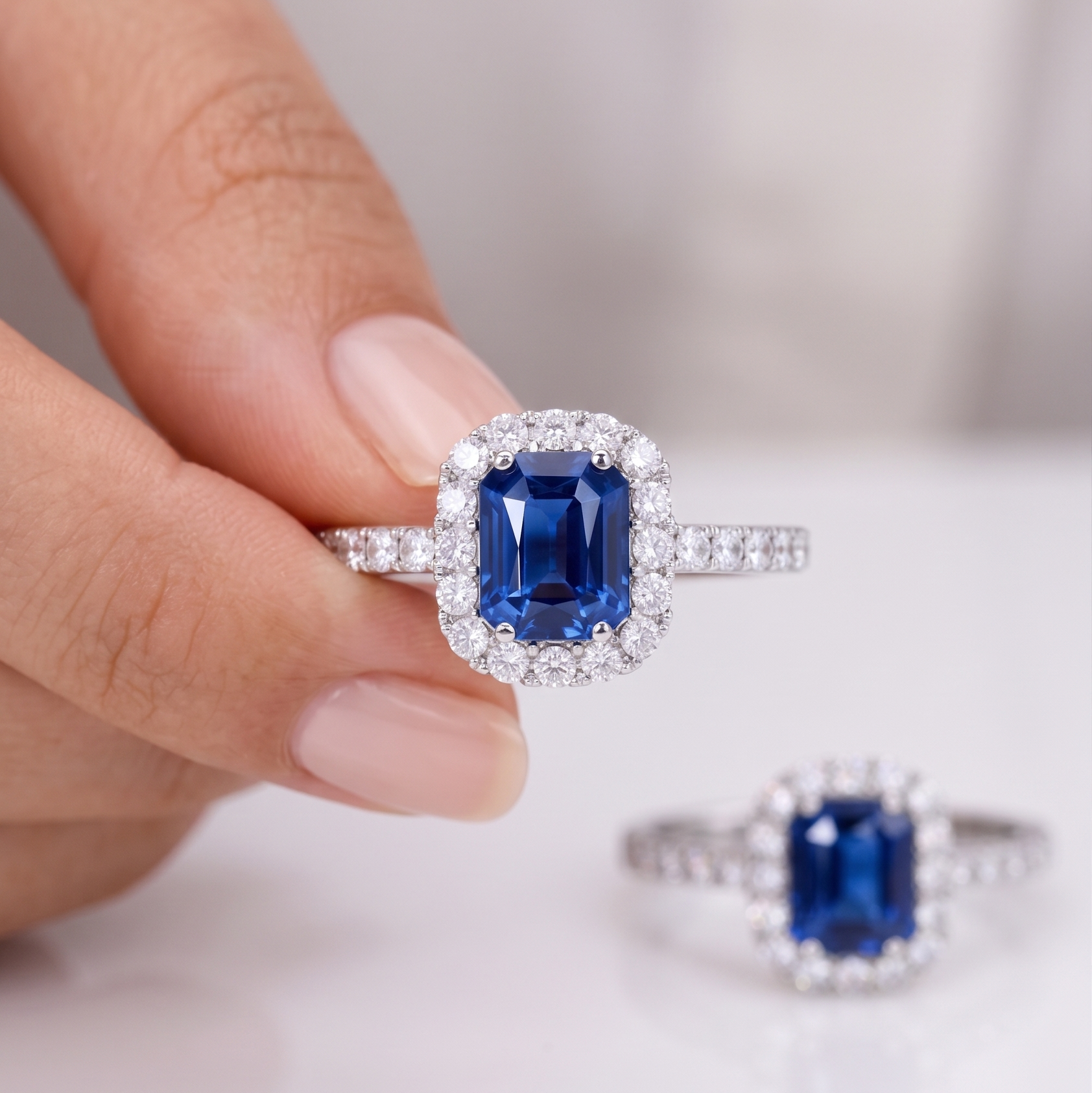Emerald Cut Sapphire Halo Ring – Blue Sapphire Promise Ring
