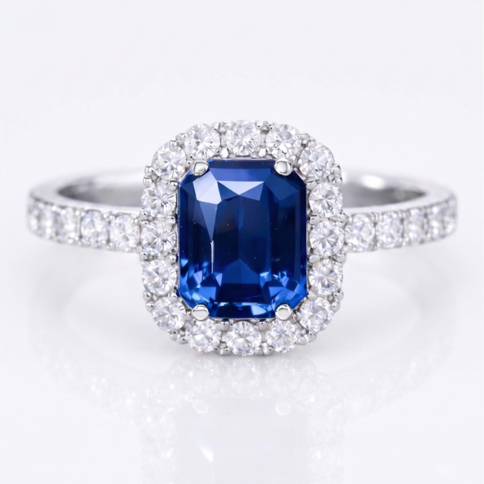 Emerald Cut Sapphire Halo Ring – Blue Sapphire Promise Ring