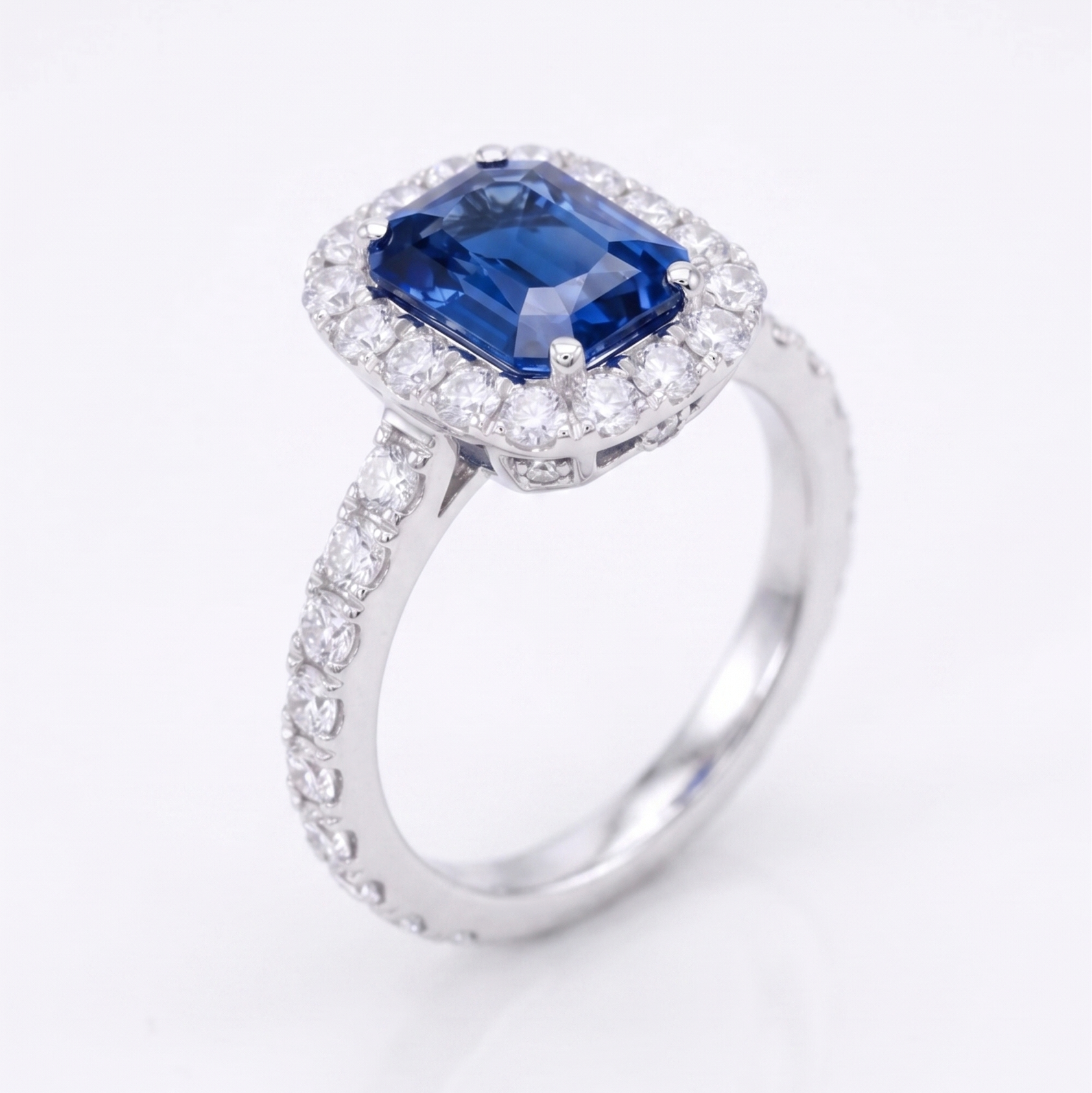 Emerald Cut Sapphire Halo Ring – Blue Sapphire Promise Ring