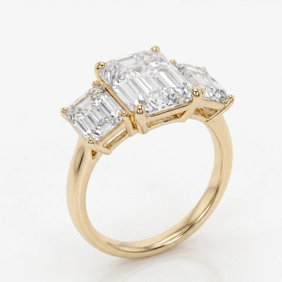 Emerald Cut Three Stone Moissanite Engagement Ring – Classic Step-Cut Trilogy Bridal Ring