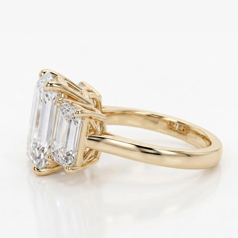 Emerald Cut Three Stone Moissanite Engagement Ring – Classic Step-Cut Trilogy Bridal Ring