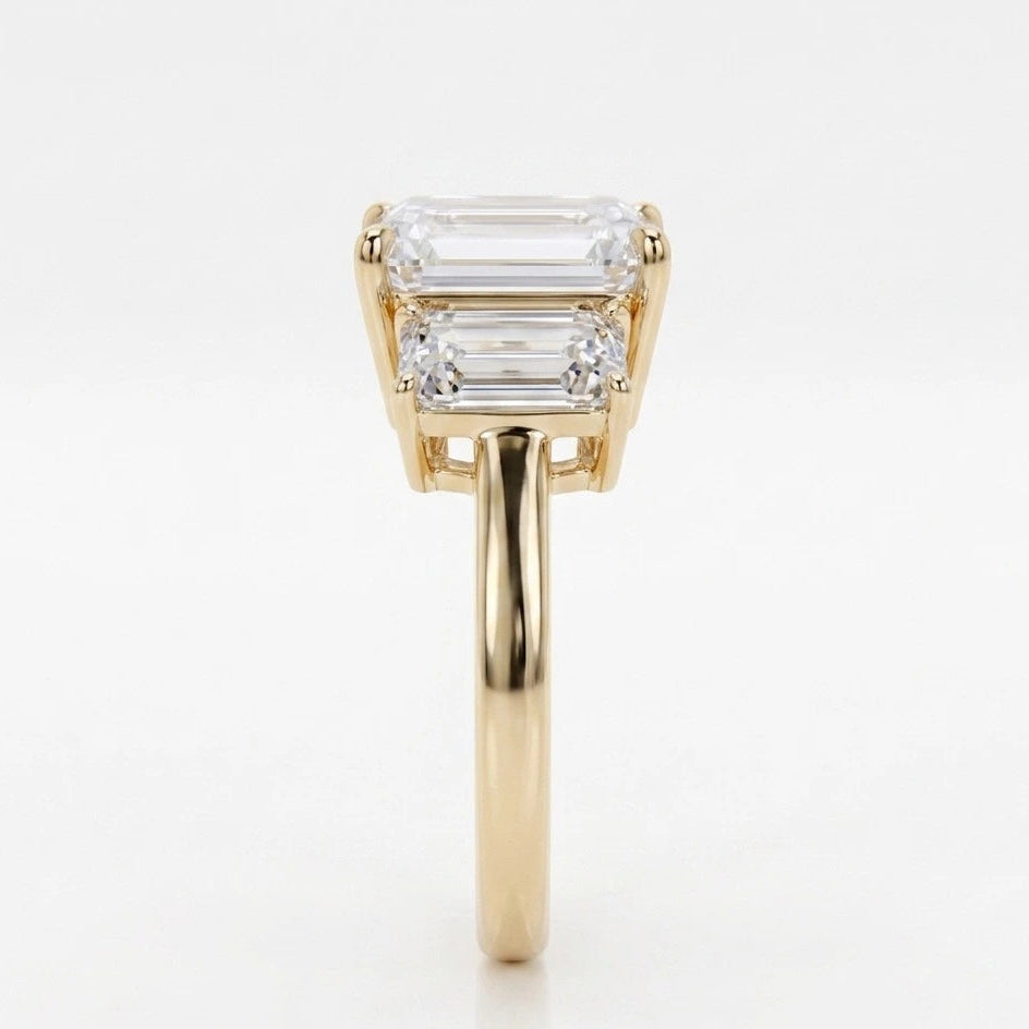 Emerald Cut Three Stone Moissanite Engagement Ring – Classic Step-Cut Trilogy Bridal Ring