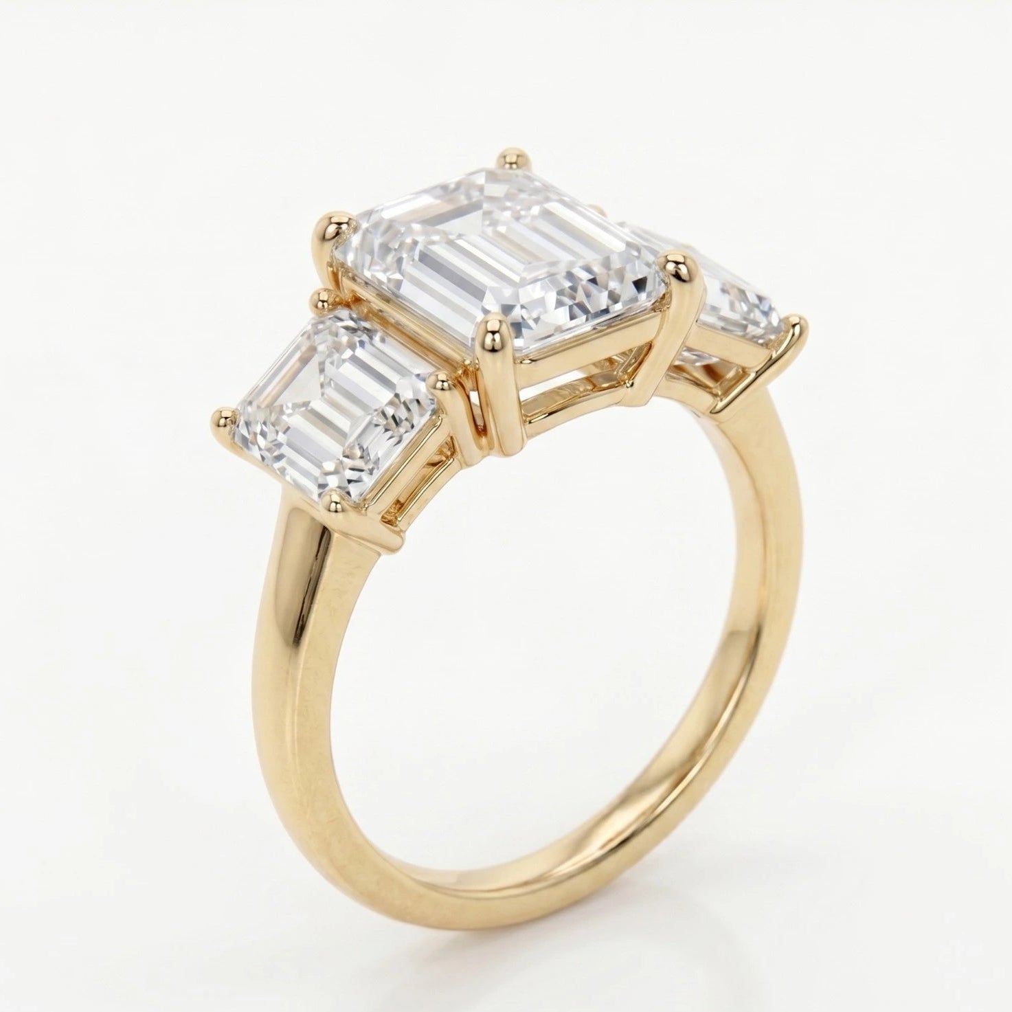Emerald Cut Three Stone Moissanite Engagement Ring – Classic Step-Cut Trilogy Bridal Ring