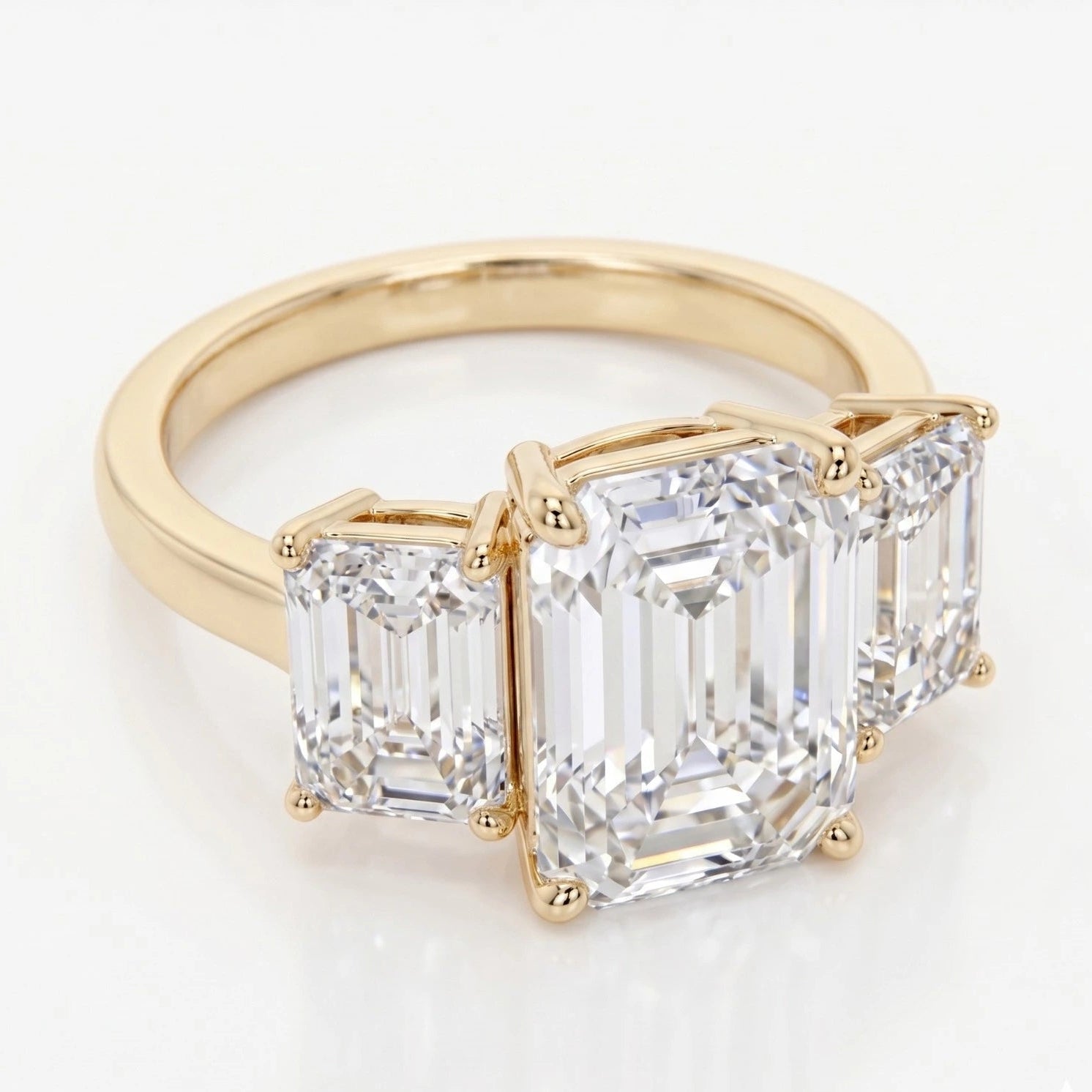 Emerald Cut Three Stone Moissanite Engagement Ring – Classic Step-Cut Trilogy Bridal Ring