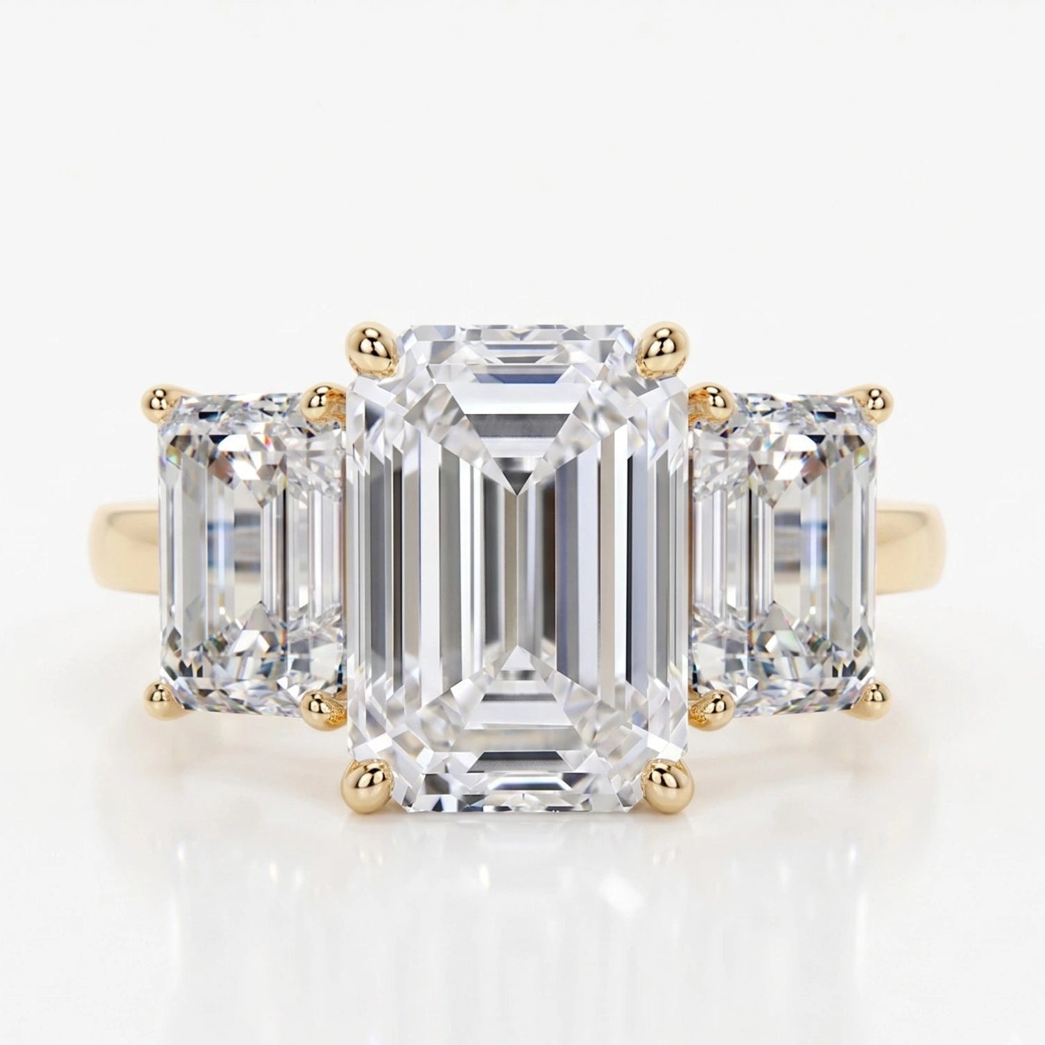 Emerald Cut Three Stone Moissanite Engagement Ring – Classic Step-Cut Trilogy Bridal Ring