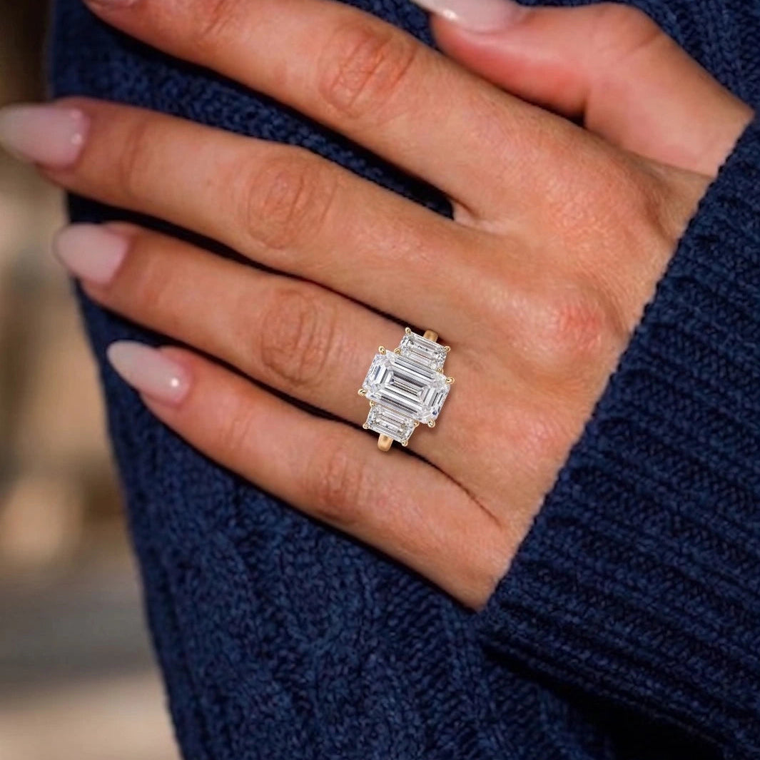 Emerald Cut Three Stone Moissanite Engagement Ring – Classic Step-Cut Trilogy Bridal Ring