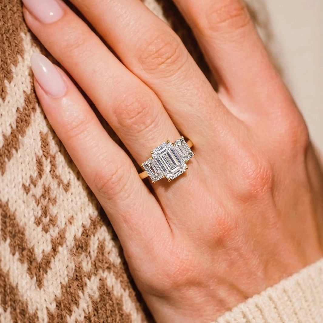 Emerald Cut Three Stone Moissanite Engagement Ring – Classic Step-Cut Trilogy Bridal Ring