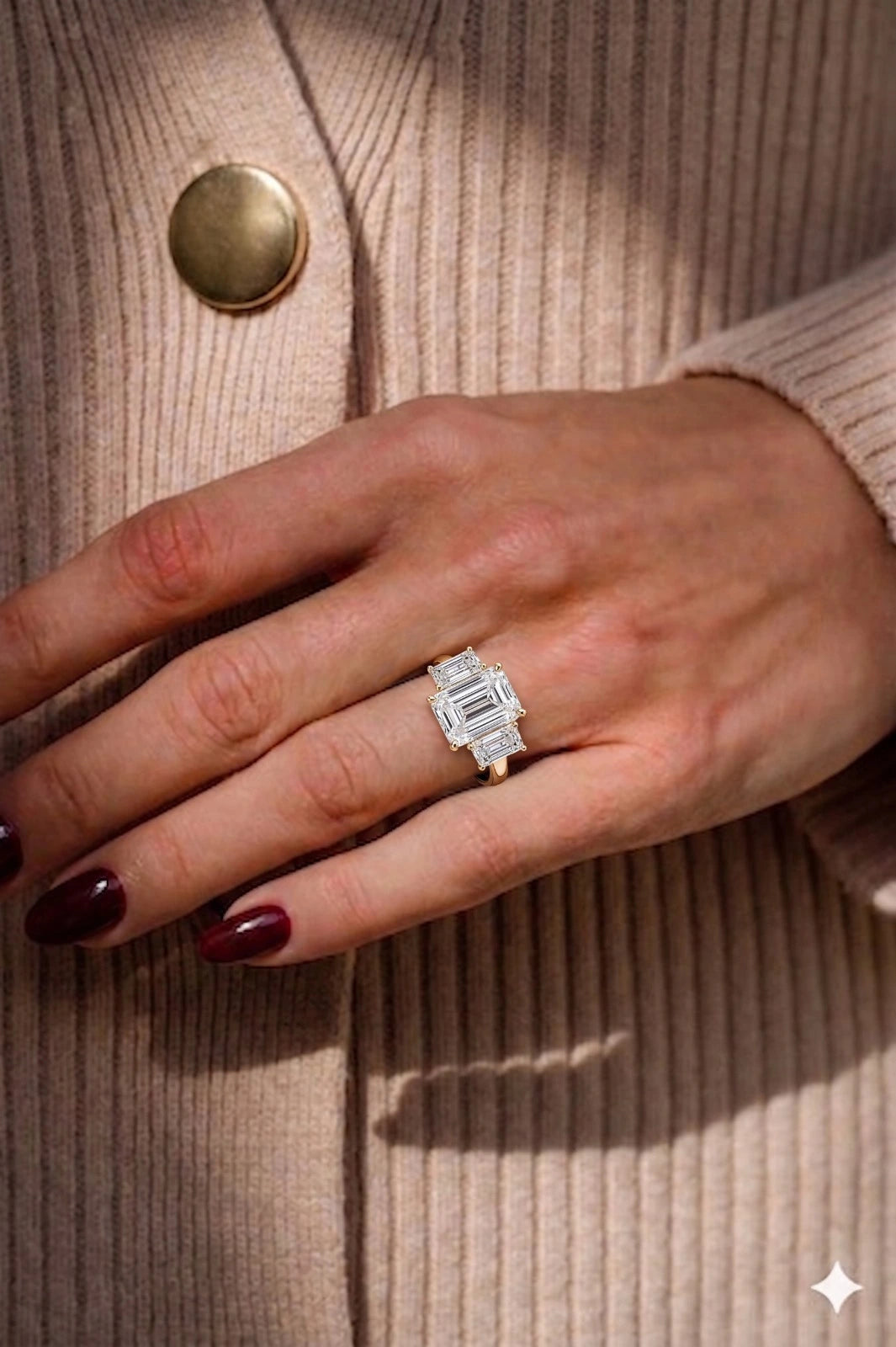 Emerald Cut Three Stone Moissanite Engagement Ring – Classic Step-Cut Trilogy Bridal Ring