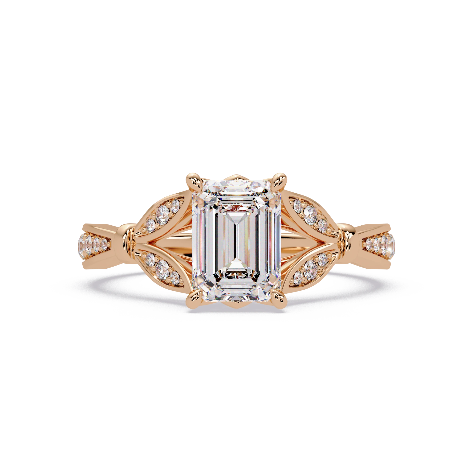 Emerald Cut Diamond Nature Inspired Engagement Ring Rose Gold Leaf Pavé Bridal Ring