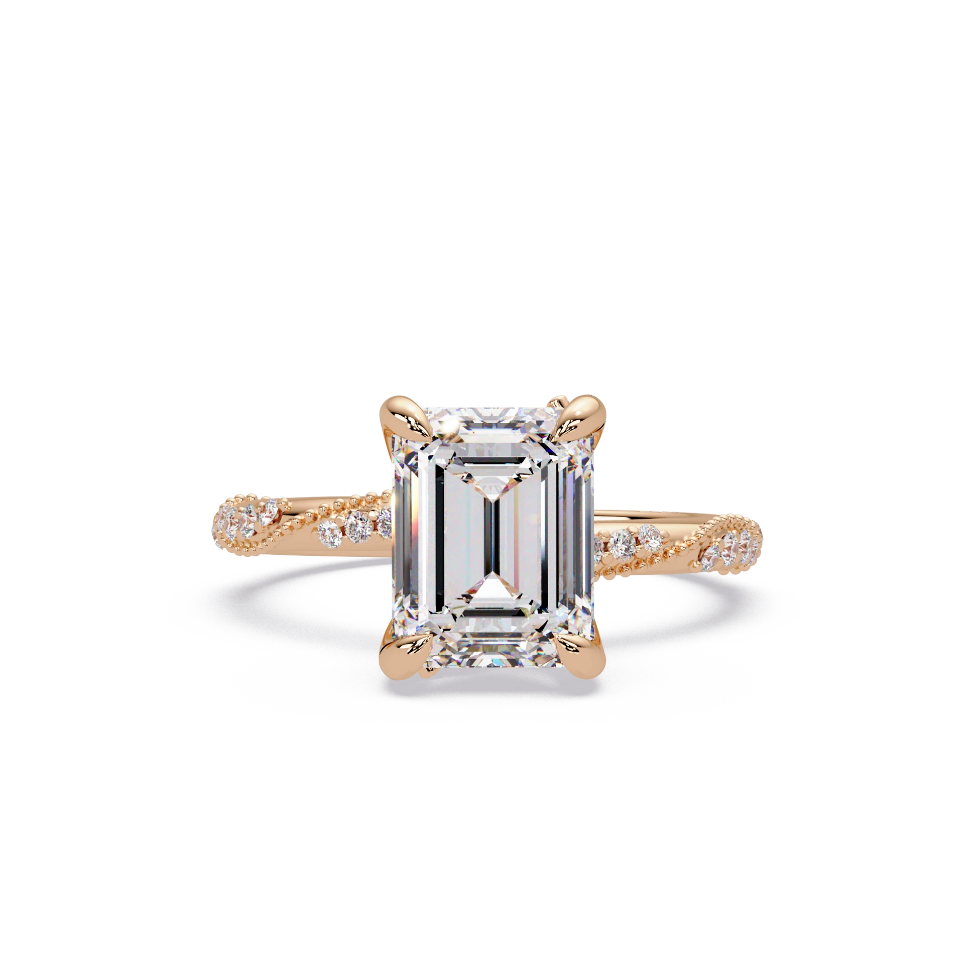 Emerald Cut Lab Grown Diamond Engagement Ring Pavé Milgrain Rose Gold Solitaire Ring