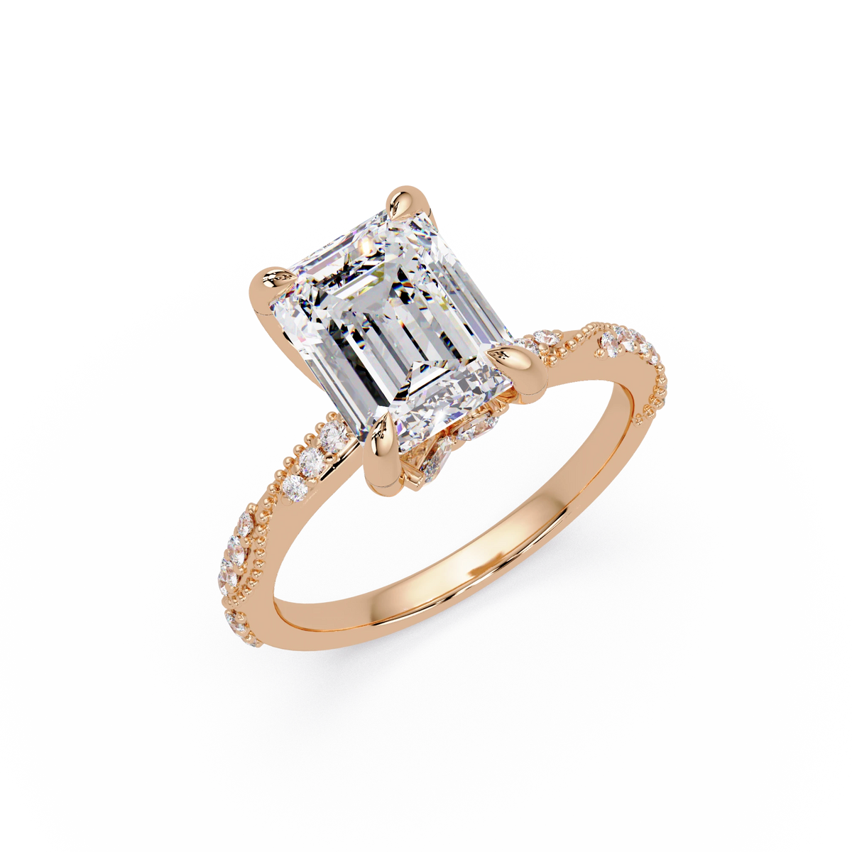 Emerald Cut Lab Grown Diamond Engagement Ring Pavé Milgrain Rose Gold Solitaire Ring