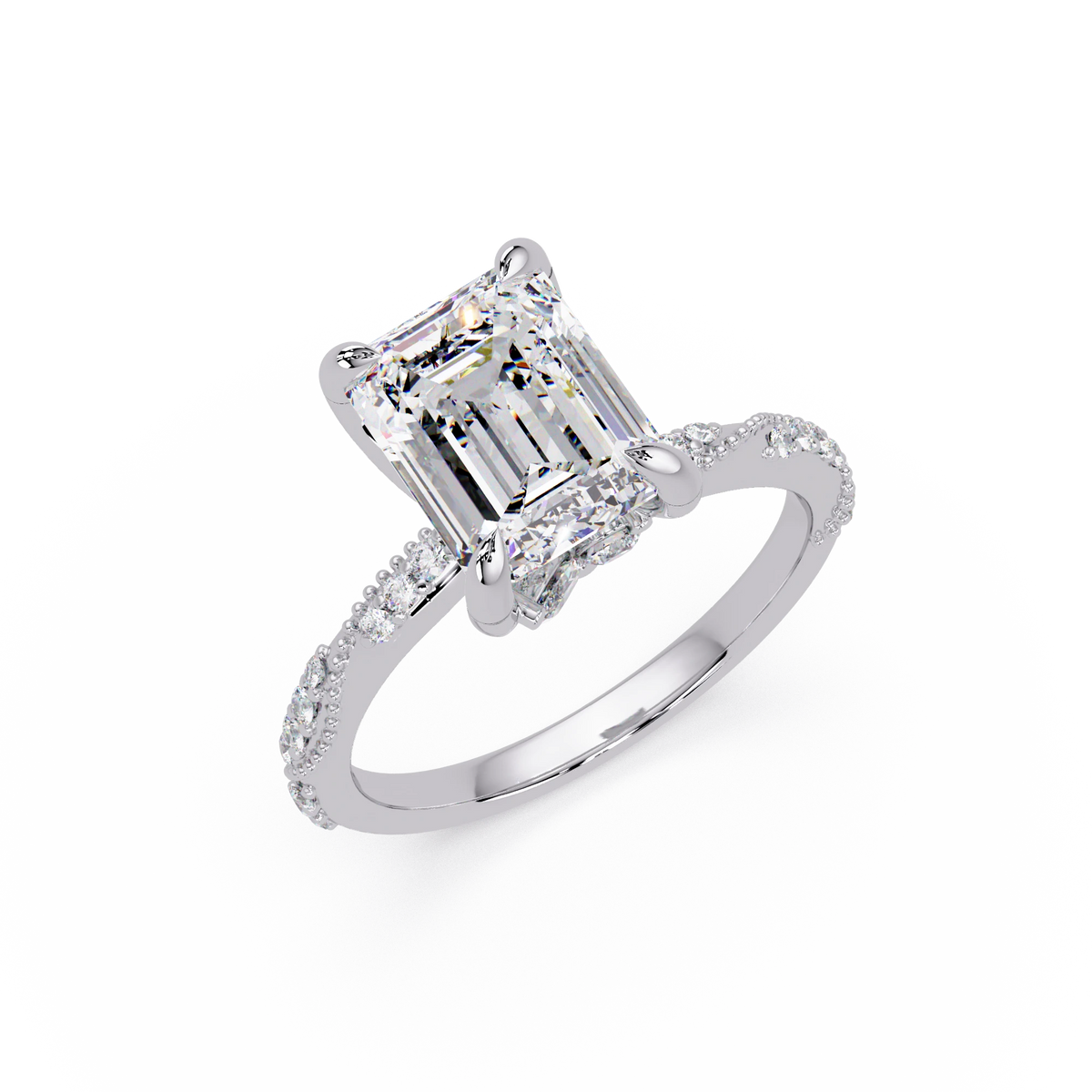 Emerald Cut Lab Grown Diamond Engagement Ring Pavé Milgrain Rose Gold Solitaire Ring