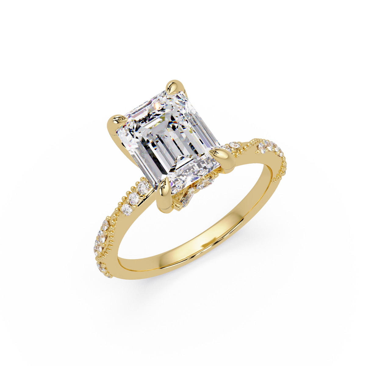 Emerald Cut Lab Grown Diamond Engagement Ring Pavé Milgrain Rose Gold Solitaire Ring