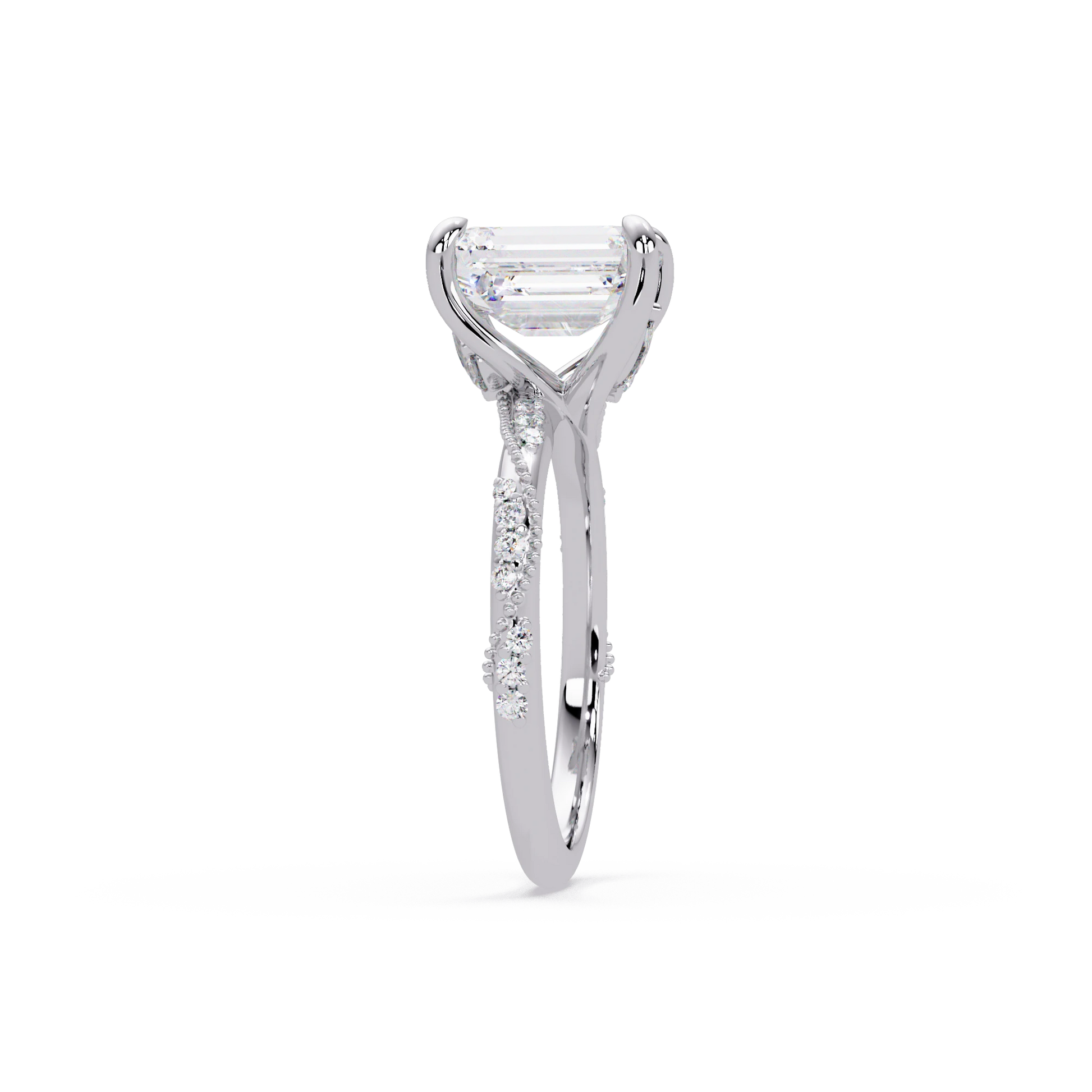 Emerald Cut Lab Grown Diamond Engagement Ring Pavé Milgrain Rose Gold Solitaire Ring
