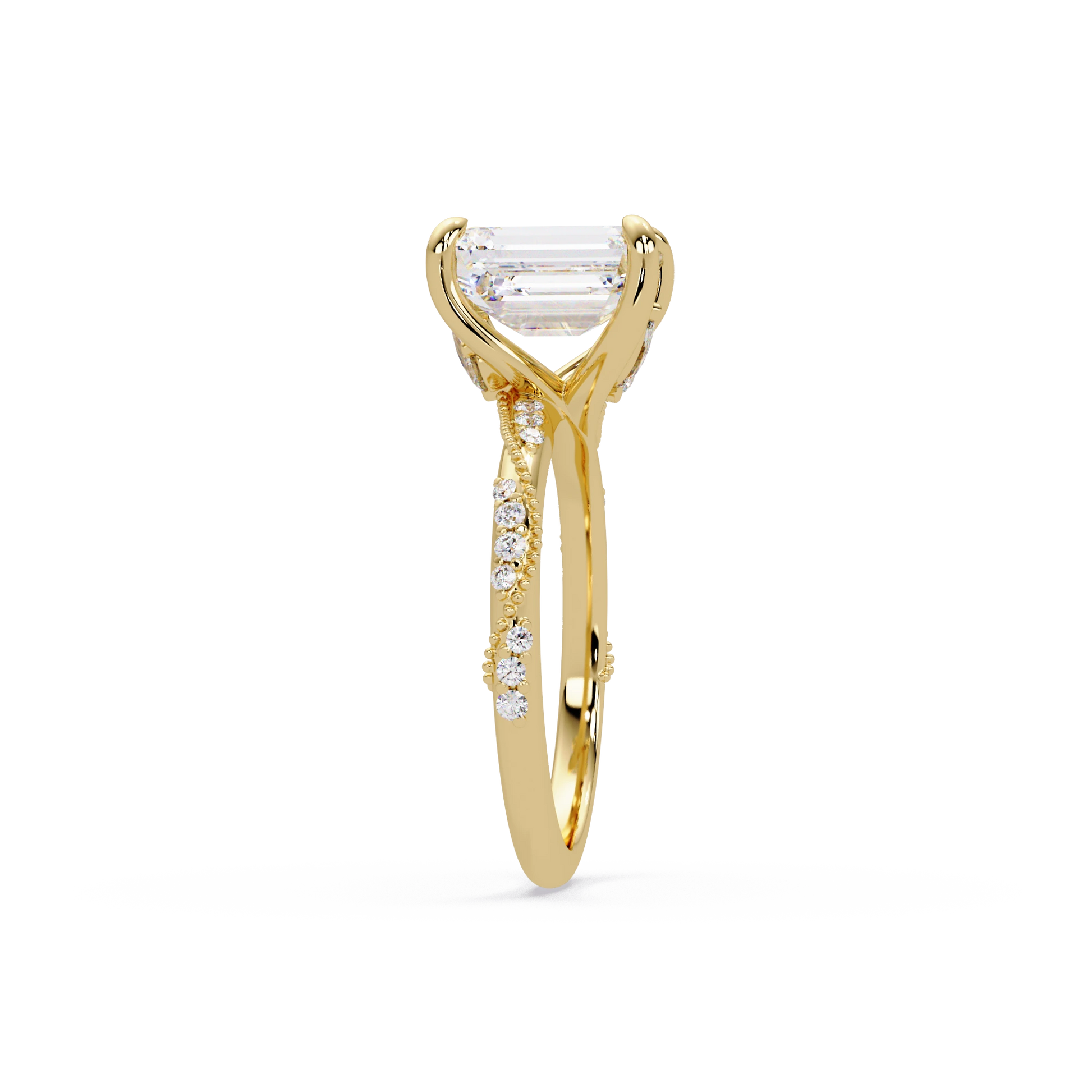 Emerald Cut Lab Grown Diamond Engagement Ring Pavé Milgrain Rose Gold Solitaire Ring
