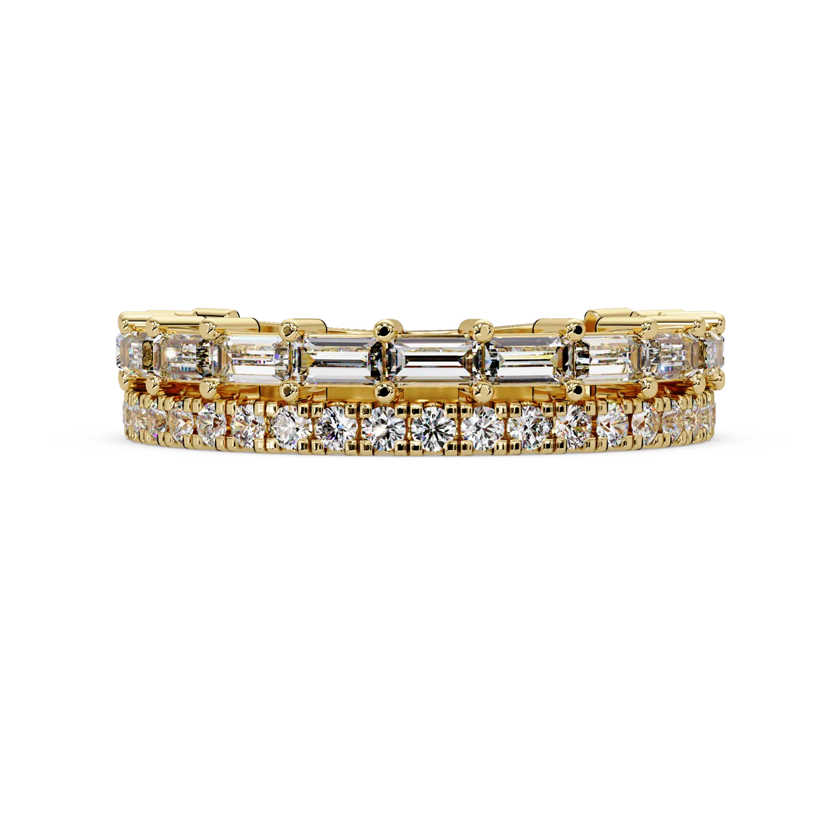 Emerald & Round Diamond Eternity Wedding Band & Shared Prong Stackable Anniversary Ring