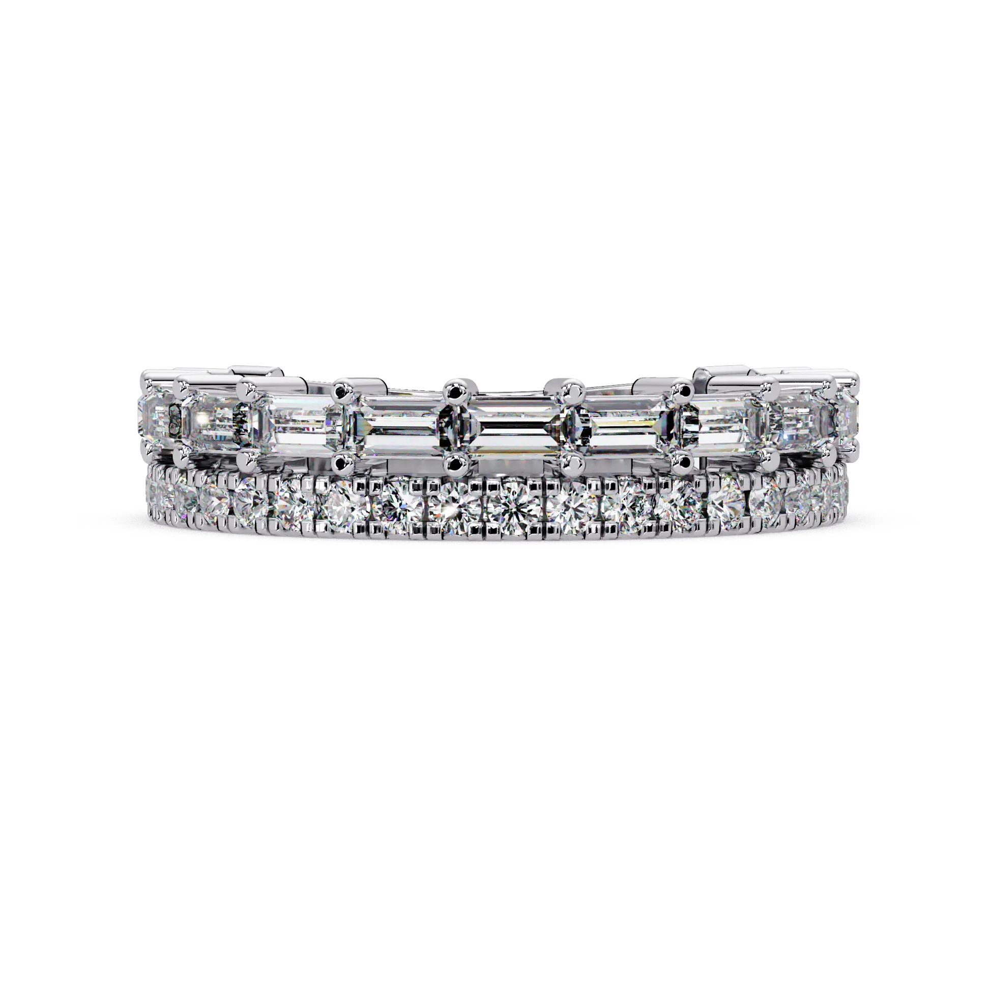Emerald & Round Diamond Eternity Wedding Band & Shared Prong Stackable Anniversary Ring