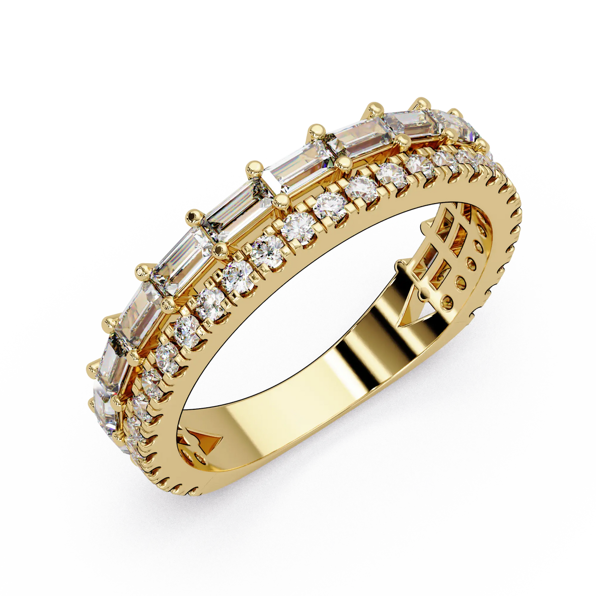 Emerald & Round Diamond Eternity Wedding Band & Shared Prong Stackable Anniversary Ring