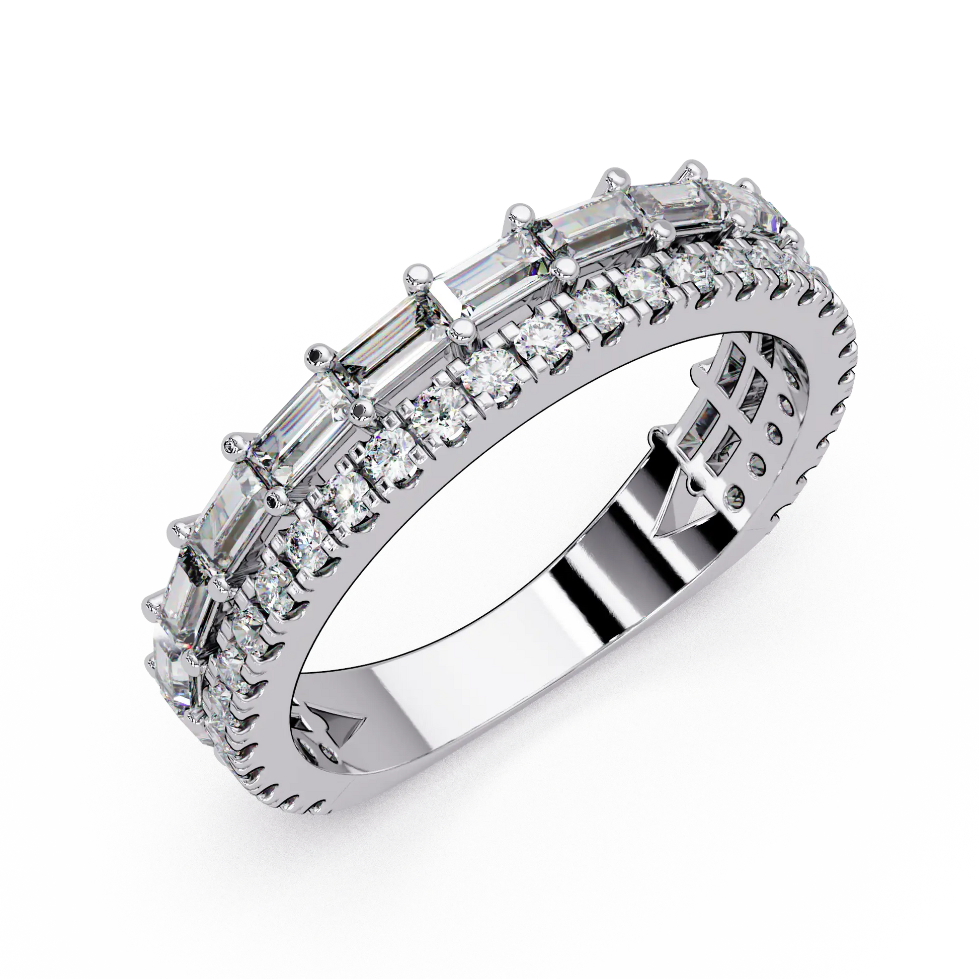 Emerald & Round Diamond Eternity Wedding Band & Shared Prong Stackable Anniversary Ring