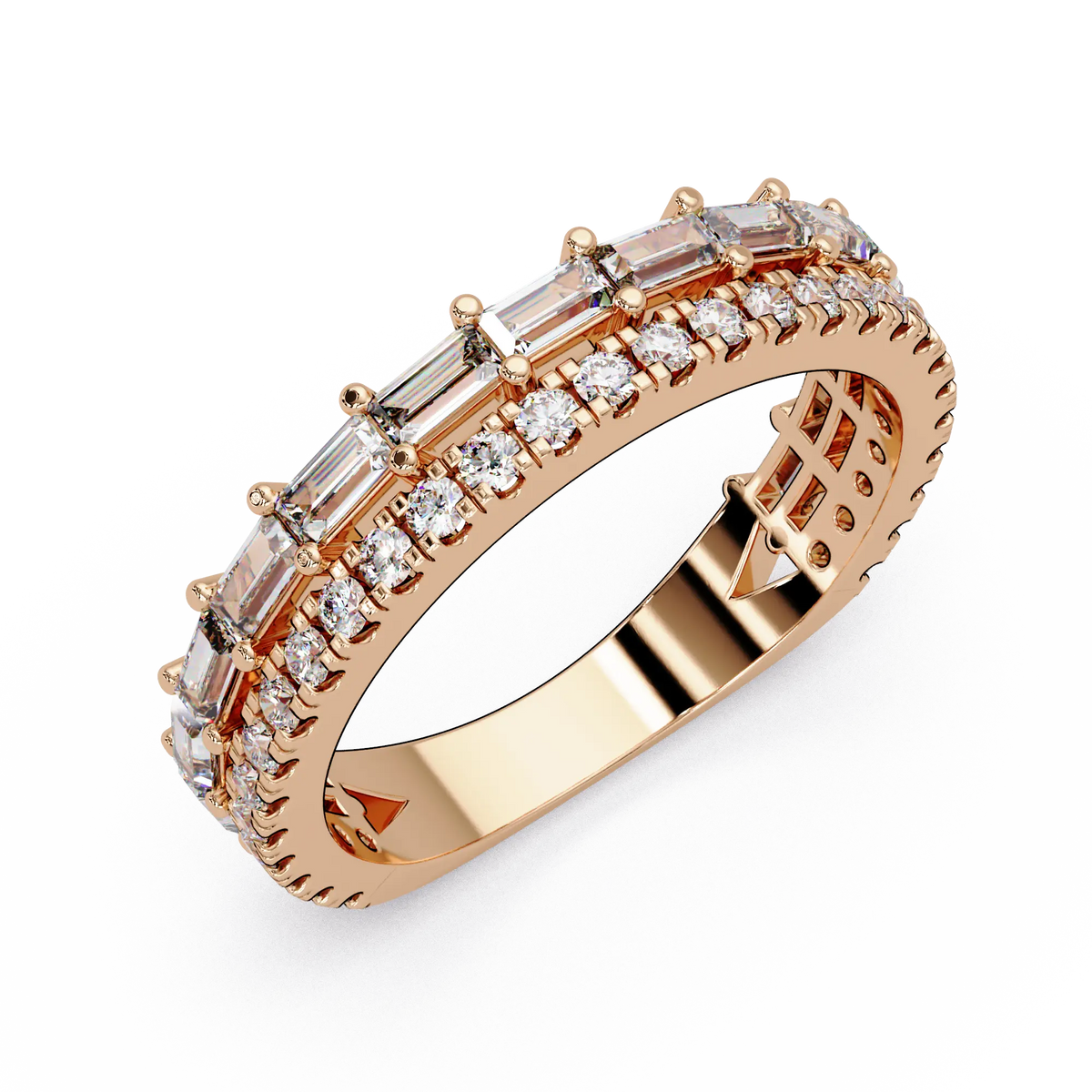 Emerald & Round Diamond Eternity Wedding Band & Shared Prong Stackable Anniversary Ring