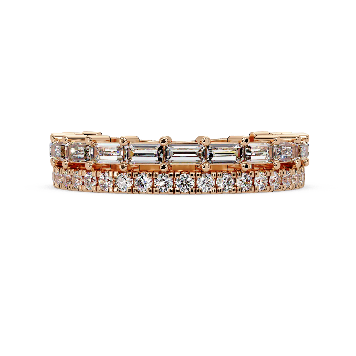 Emerald & Round Diamond Eternity Wedding Band & Shared Prong Stackable Anniversary Ring