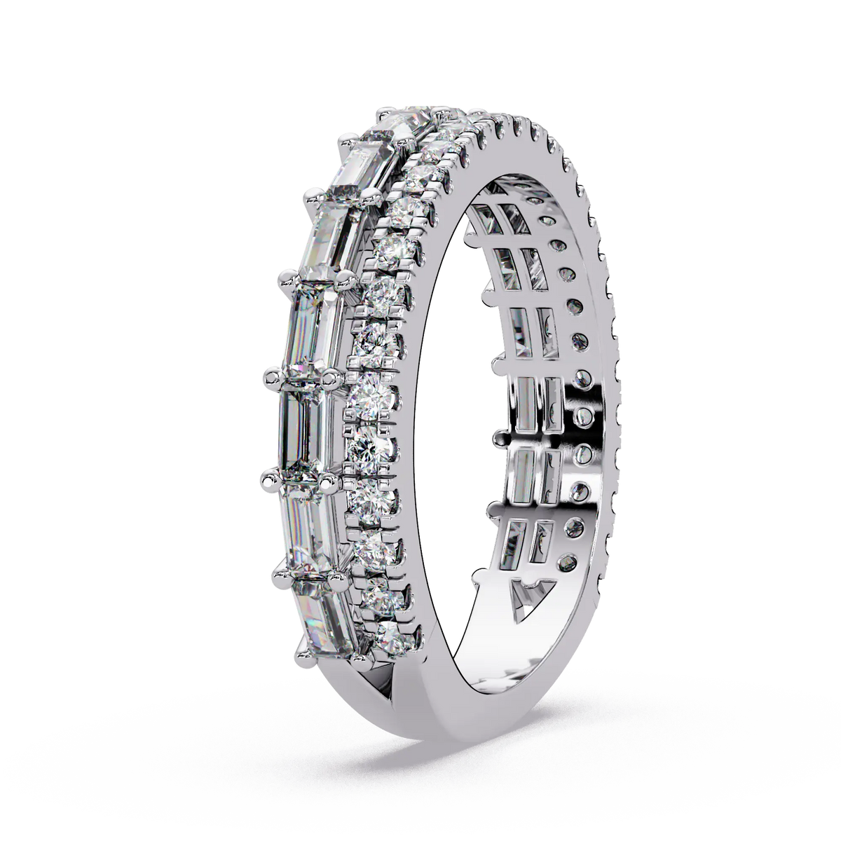 Emerald & Round Diamond Eternity Wedding Band & Shared Prong Stackable Anniversary Ring