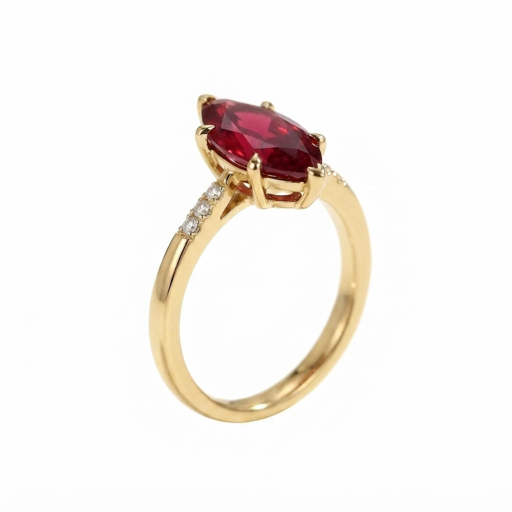 Marquise Cut Red Ruby Minimalist Engagement Ring with Diamond Accents, Dainty Ruby Solitaire Ring, Elegant Gemstone Ring for Women