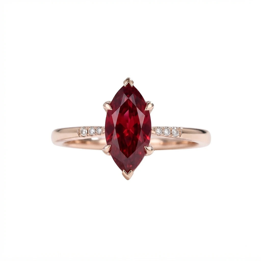 Marquise Cut Red Ruby Minimalist Engagement Ring with Diamond Accents, Dainty Ruby Solitaire Ring, Elegant Gemstone Ring for Women