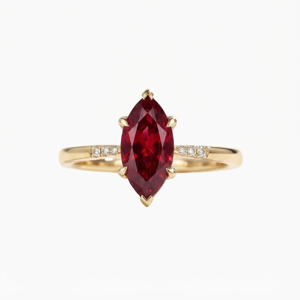 Marquise Cut Red Ruby Minimalist Engagement Ring with Diamond Accents, Dainty Ruby Solitaire Ring, Elegant Gemstone Ring for Women