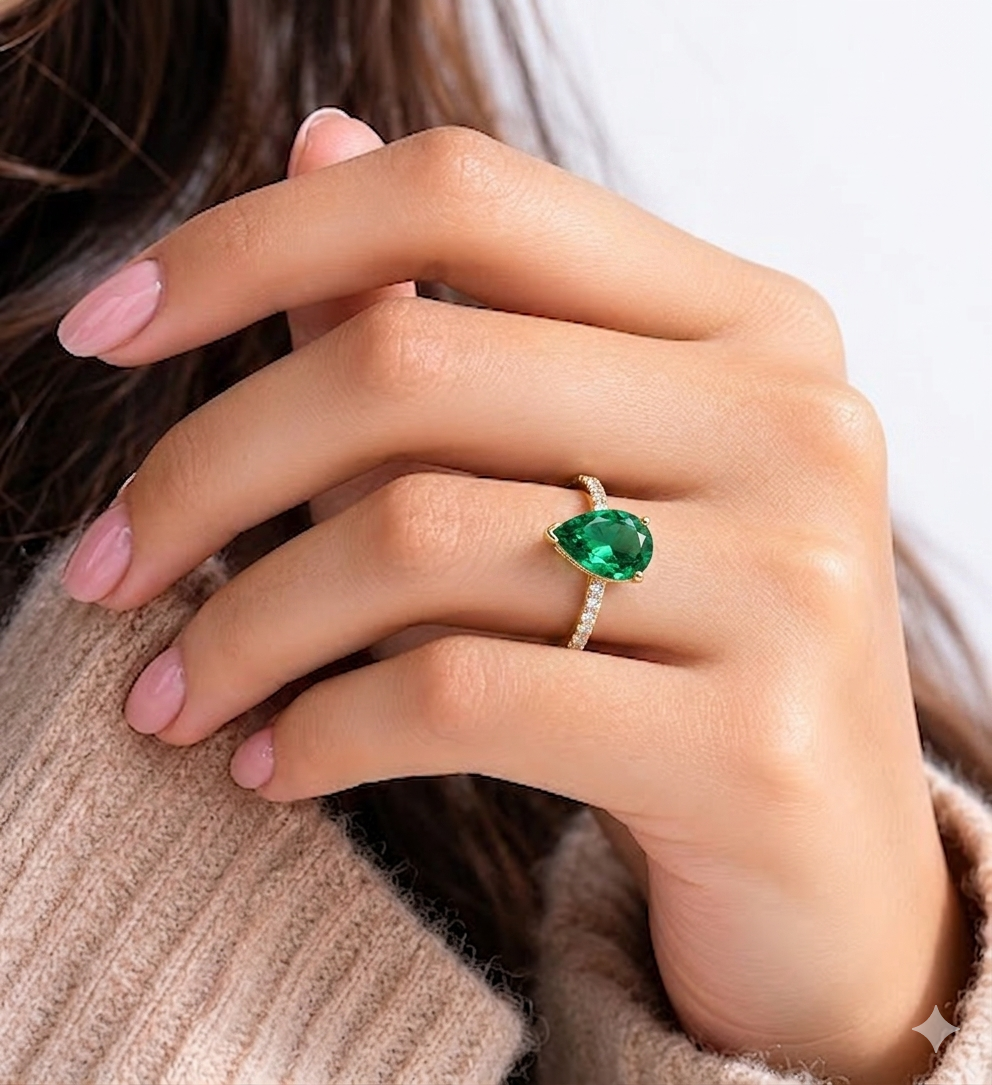 Pear Shaped Lab Grown Emerald Engagement Ring with Diamond Accented Band – Elegant Gemstone Ring for Women