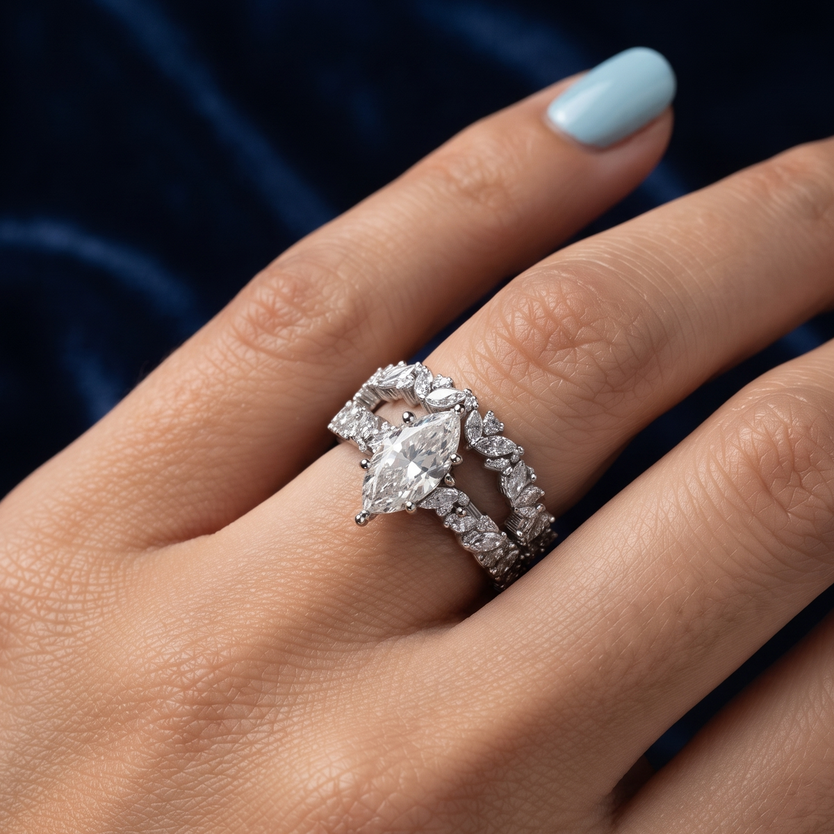 Marquise Lab Grown Diamond Engagement Ring Floral Pave Curved Bridal Set with Leaf Inspired Band