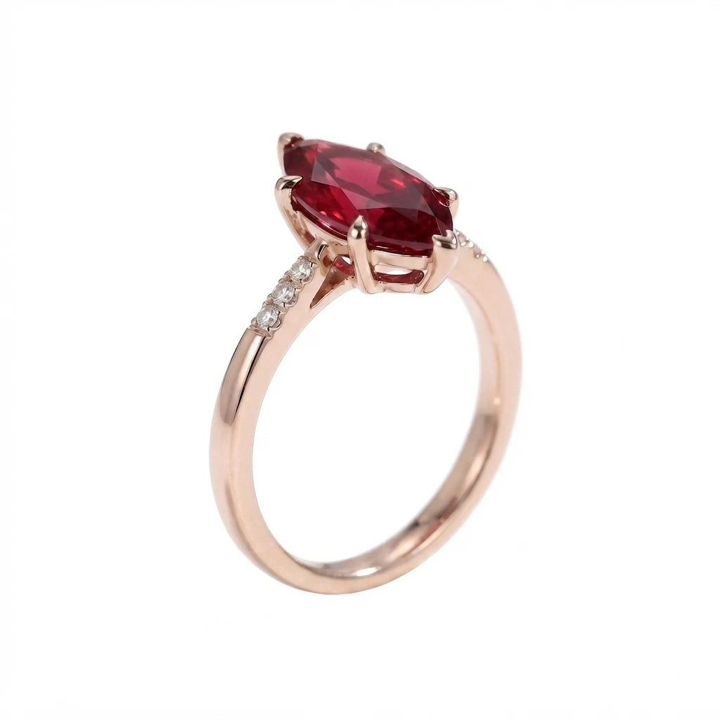 Marquise Cut Red Ruby Minimalist Engagement Ring with Diamond Accents, Dainty Ruby Solitaire Ring, Elegant Gemstone Ring for Women