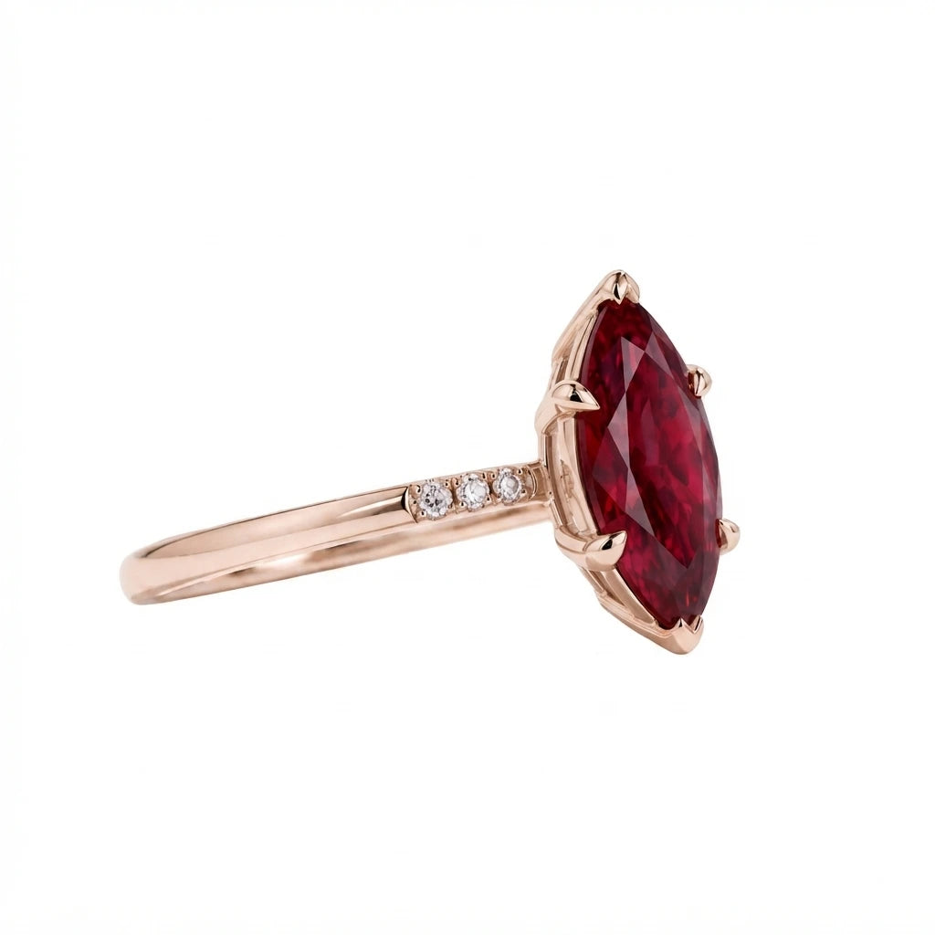 Marquise Cut Red Ruby Minimalist Engagement Ring with Diamond Accents, Dainty Ruby Solitaire Ring, Elegant Gemstone Ring for Women