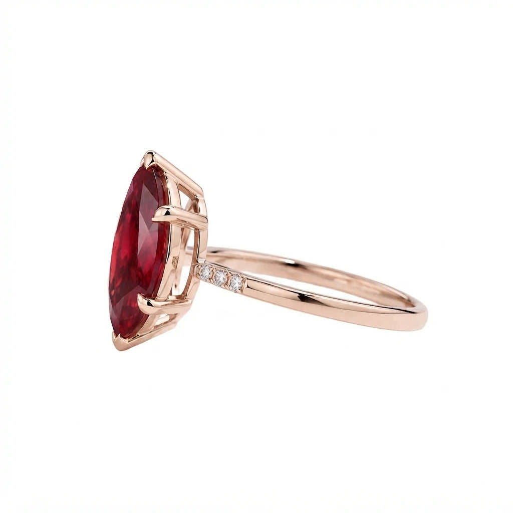 Marquise Cut Red Ruby Minimalist Engagement Ring with Diamond Accents, Dainty Ruby Solitaire Ring, Elegant Gemstone Ring for Women