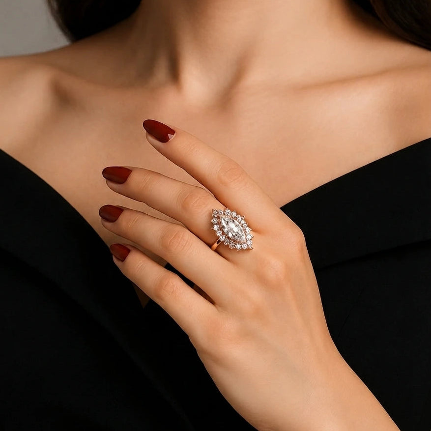 Marquise Diamond Floral Cluster Engagement Ring Rose Gold Vintage Inspired Halo Bridal Ring
