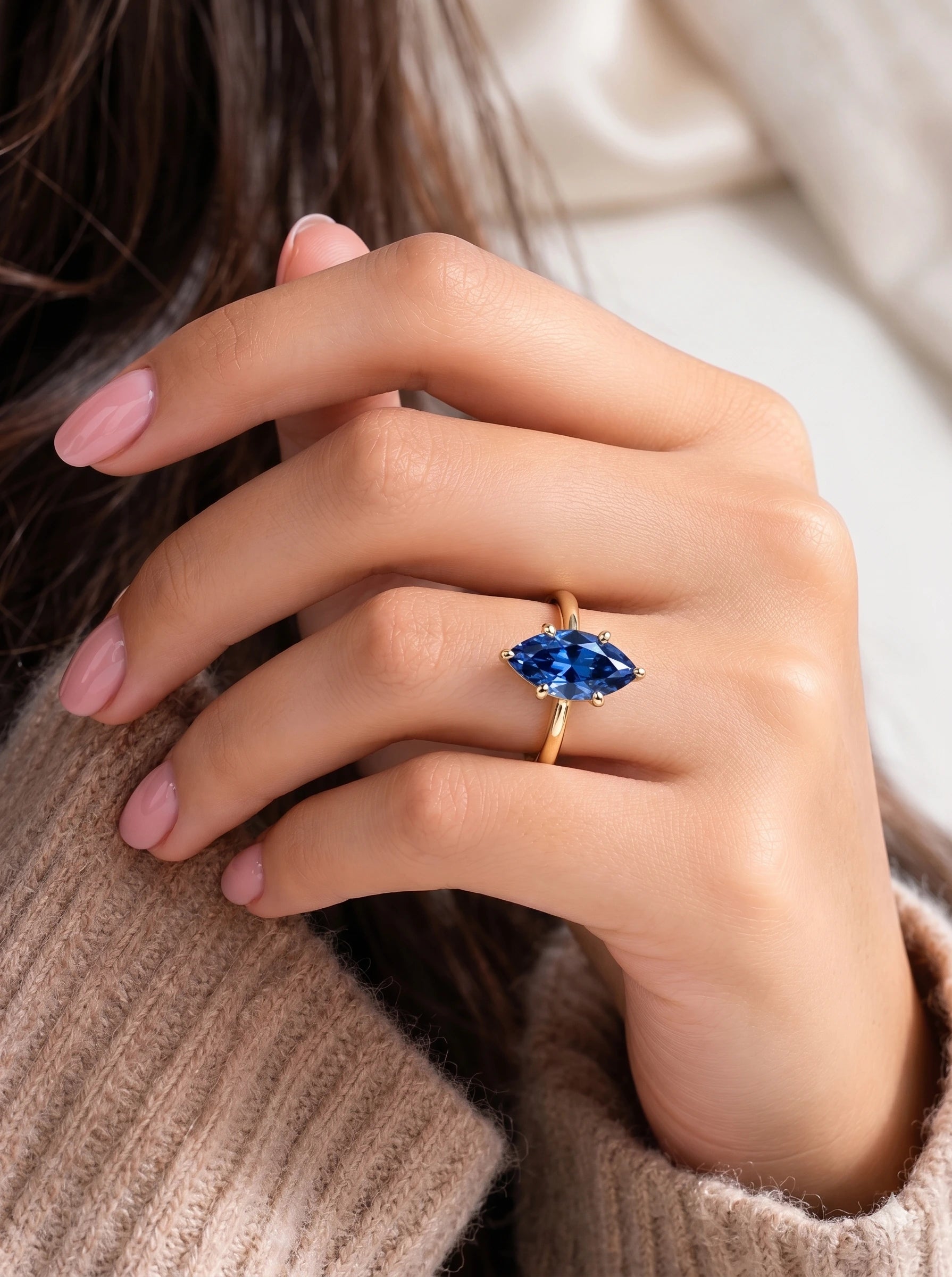 Marquise Blue Sapphire Solitaire Ring Lab Grown Diamond Engagement Ring Unique Bridal Jewellery