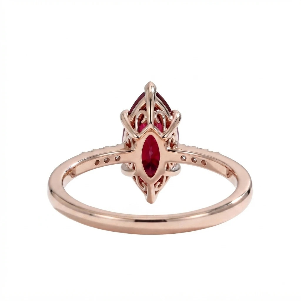 Marquise Cut Red Ruby Minimalist Engagement Ring with Diamond Accents, Dainty Ruby Solitaire Ring, Elegant Gemstone Ring for Women